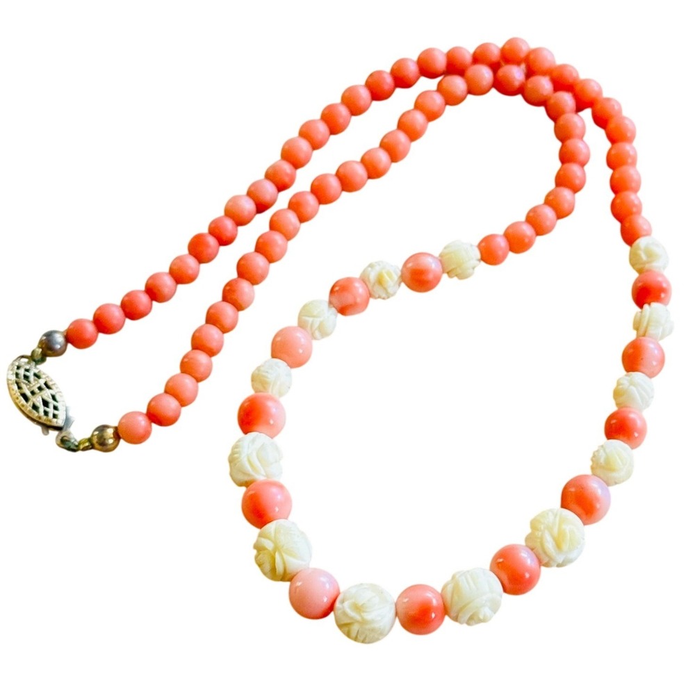 VTG Mediterranean Pink Coral Natural Rose Necklace Gold Filled beads Italy 16"